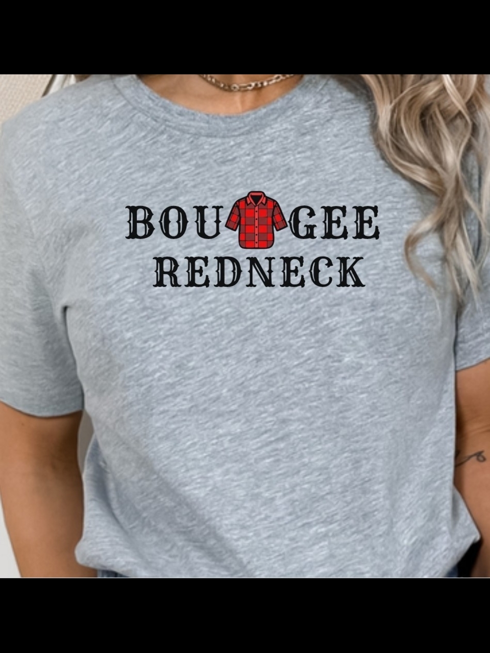Boujee Redneck Graphic Tee - Light Gray with Red Plaid
